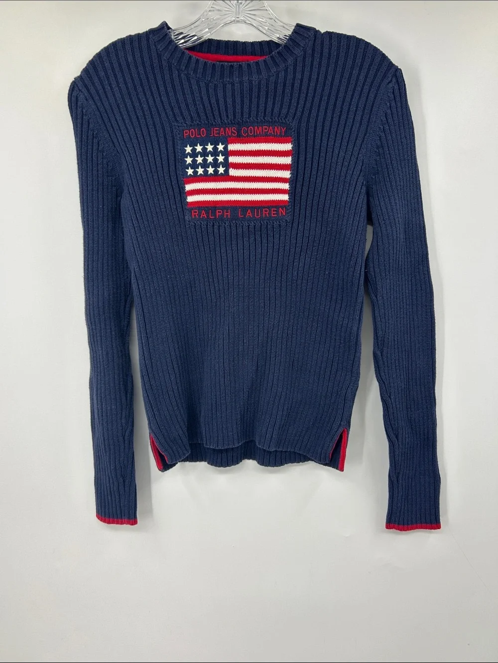 Vintage Polo Ralph Lauren Navy Blue Ribbed Sweater Flag Pullover Red Trim Size L